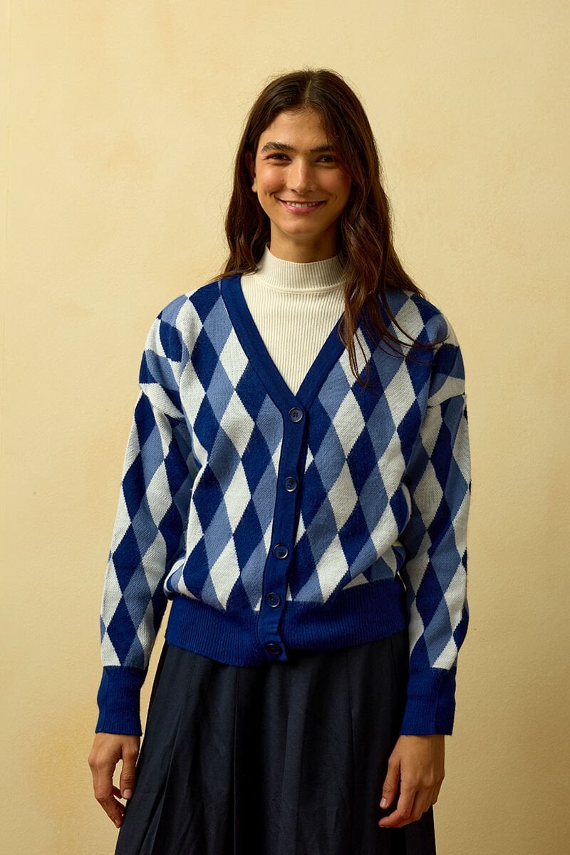 Lacivert Baklava Desenli Triko Hırka