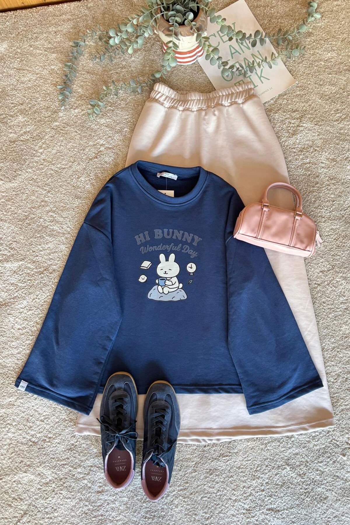 İndigo Tavşan Baskılı 3 İp Body & Taş Scuba Etek Takım