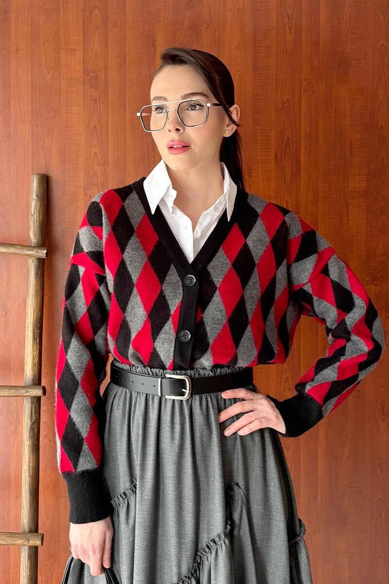 Kırmızı Baklava Desenli Triko Hırka