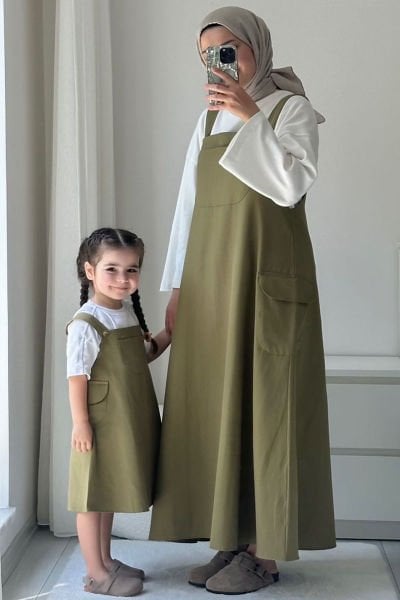 Anne - Çocuk Haki Duck Keten Etekli Salopet Takım