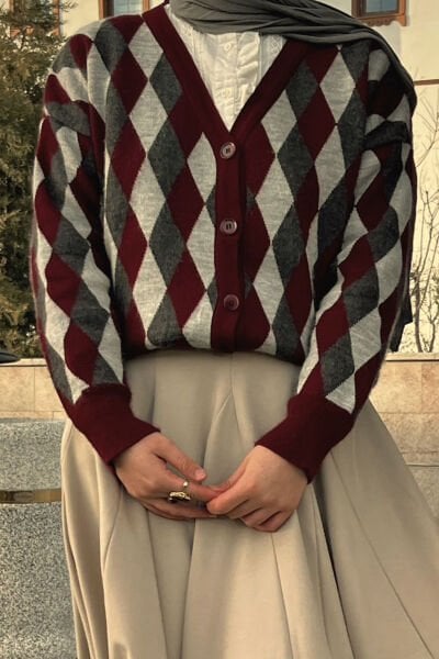 Bordo Baklava Desenli Triko Hırka