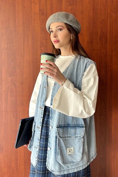 Buz Mavisi Kargo Cepli Kot Yelek