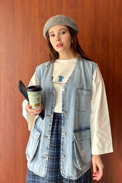 Buz Mavisi Kargo Cepli Kot Yelek