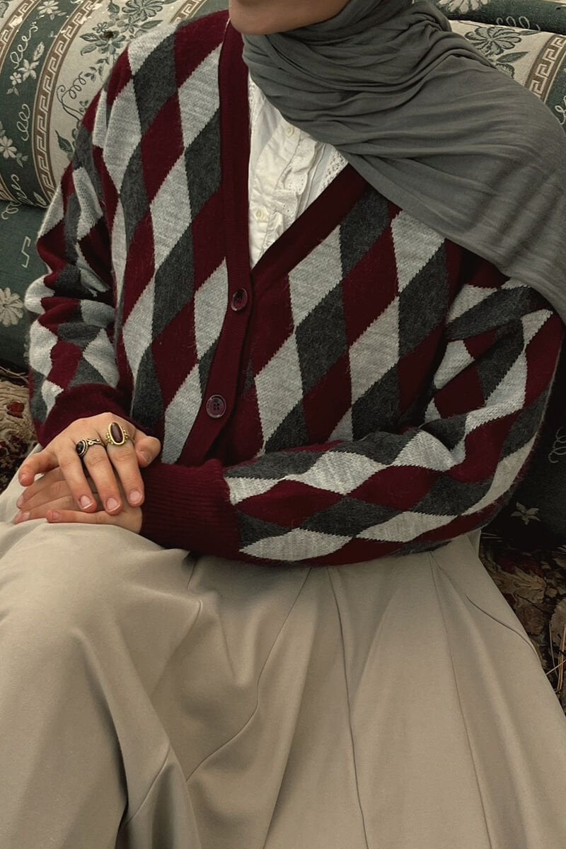 Bordo Baklava Desenli Triko Hırka