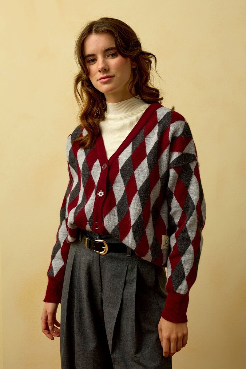 Bordo Baklava Desenli Triko Hırka