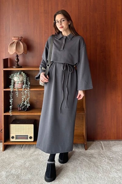 Antrasit 3 İplik Polo Yaka Elbise