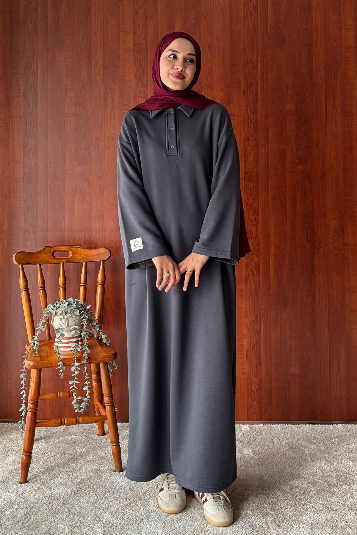 Antrasit 3 İplik Polo Yaka Elbise