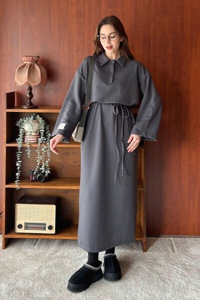 Antrasit 3 İplik Polo Yaka Elbise