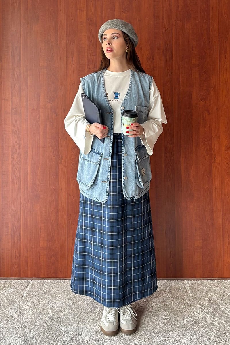 Buz Mavisi Kargo Cepli Kot Yelek & İndigo Ekose Kloş Etek Takım