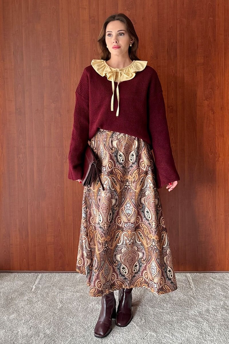 Bordo V Yaka Triko Kazak & Camel Etnik Desen Pamuk Saten Kloş Etek Takım