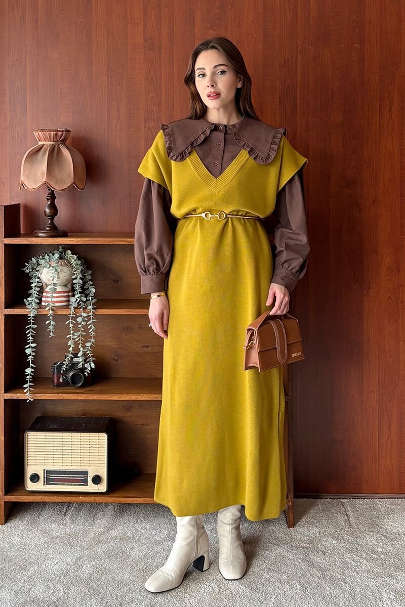 Yağ Yeşili Triko V Yaka Jile