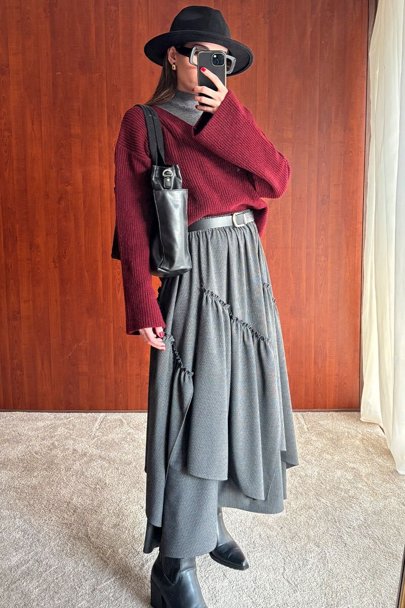 Bordo V Yaka Triko Kazak & Antrasit Poliviskon Bohem Kat Etek Takım