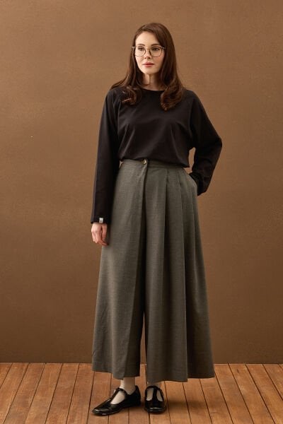 Siyah Süprem Basic Düz Kol Body & Antrasit Poliviskon Etekli Pantolon