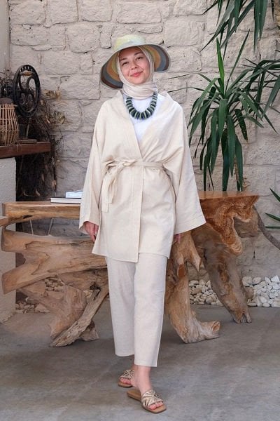 Organik Keten Kimono & Organik Keten Boru Paça Pantolon Takım