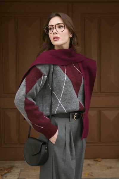 Bordo Baklava Desen Triko Kazak