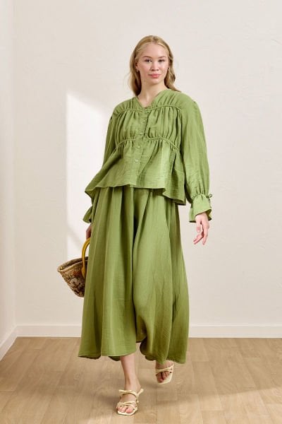 Fıstık Yeşili Müslin Biyeli Bluz & Balon Etek Takım
