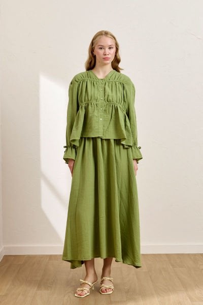 Fıstık Yeşili Müslin Biyeli Bluz & Balon Etek Takım