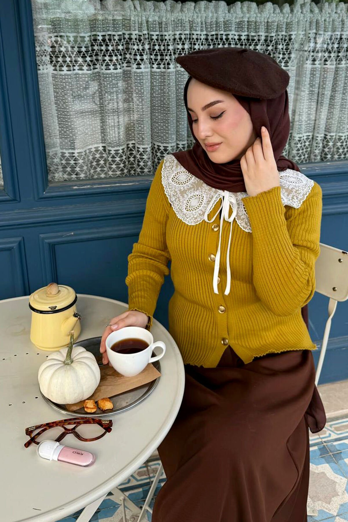 Yağ Yeşili Beyaz Yakalı Triko Hırka