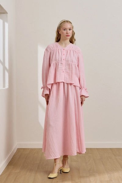 Pembe Müslin Biyeli Bluz & Balon Etek Takım