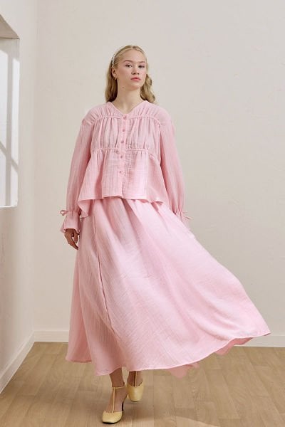 Pembe Müslin Biyeli Bluz & Balon Etek Takım