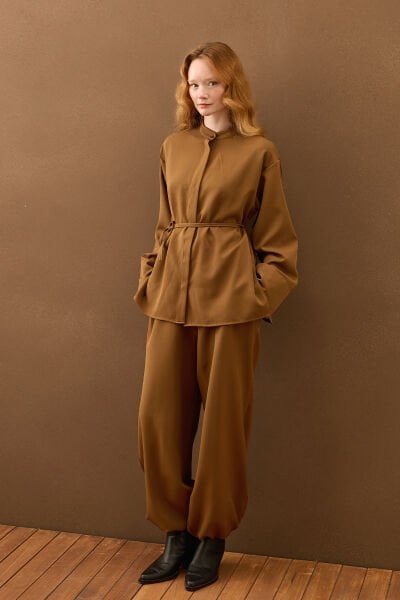 Tozlu Kahve Krep Şalvar Takım