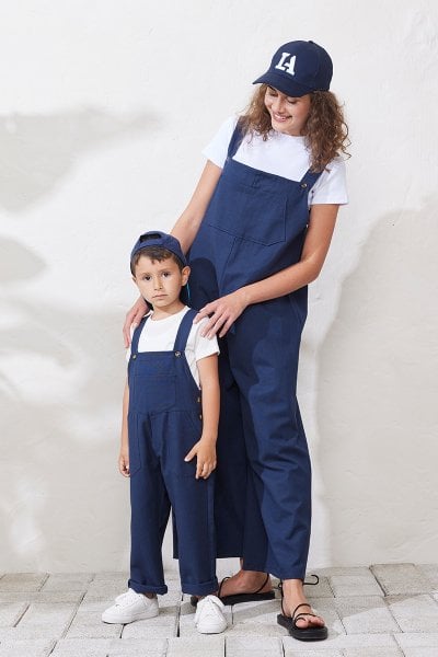 Anne - Çocuk Lacivert Keten Salopet Tulum