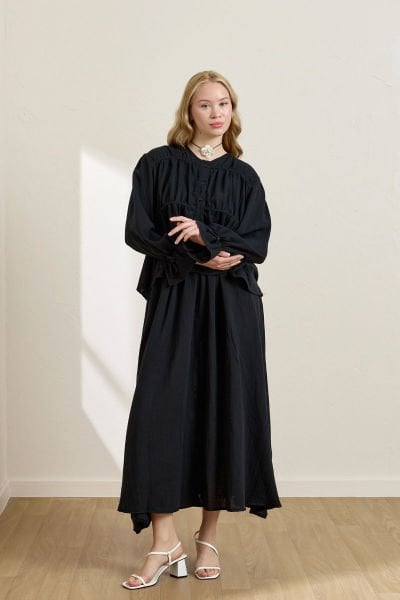 Siyah Müslin Biyeli Bluz & Balon Etek Takım