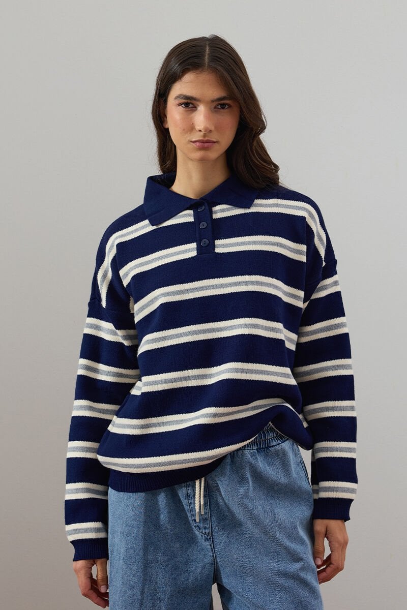 Lacivert Düğme Detay Triko Kazak