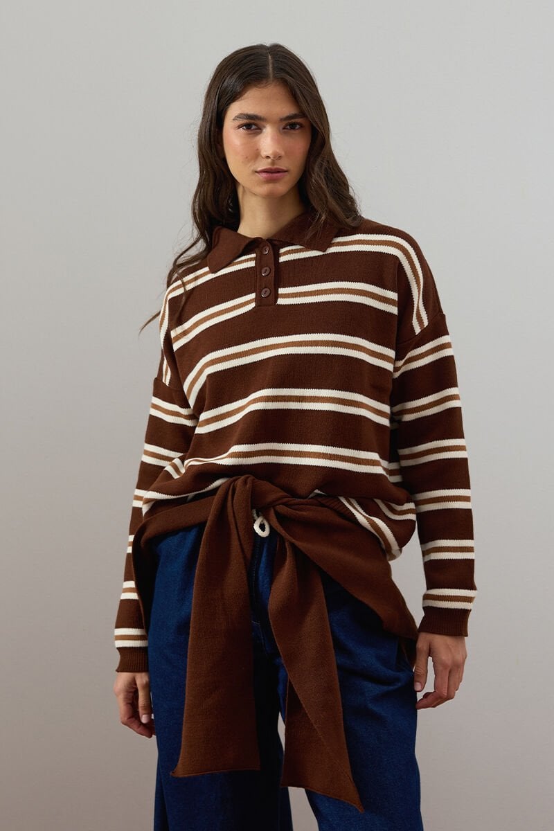 Acı Kahve Düğme Detay Triko Kazak