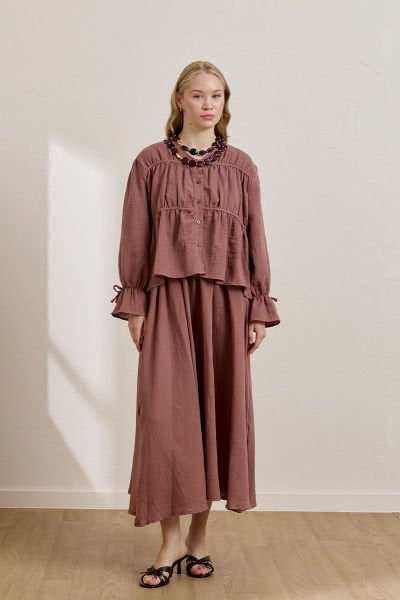 Gül Kurusu Müslin Biyeli Bluz & Balon Etek Takım