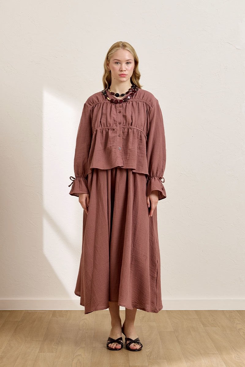 Gül Kurusu Müslin Biyeli Bluz & Balon Etek Takım