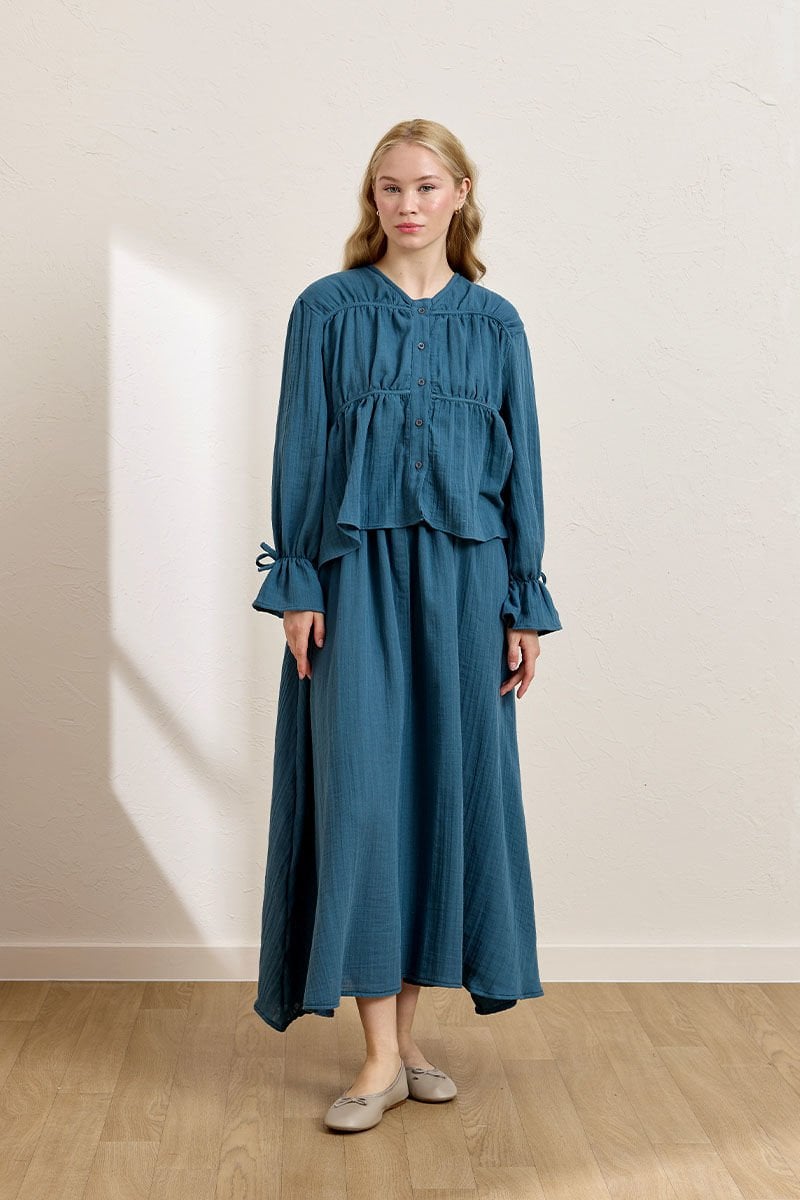 Koyu İndigo Müslin Biyeli Bluz & Balon Etek Takım