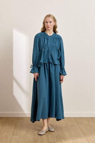 Koyu İndigo Müslin Biyeli Bluz & Balon Etek Takım