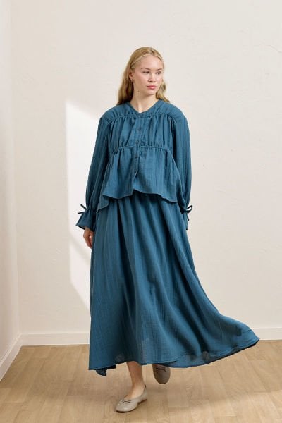 Koyu İndigo Müslin Biyeli Bluz & Balon Etek Takım