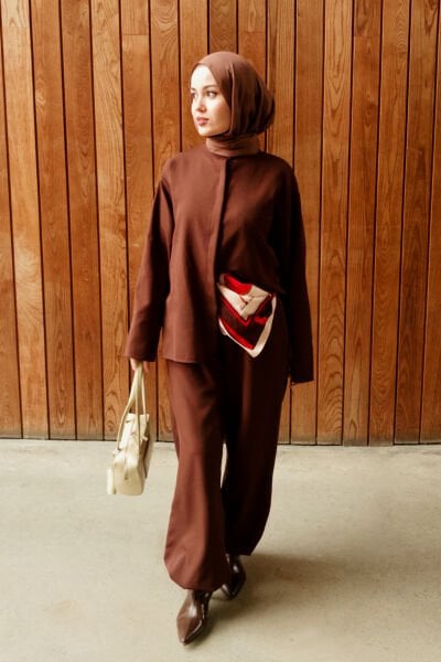 Tozlu Kahve Krep Şalvar Takım