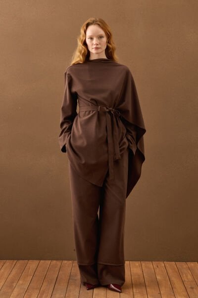 Acı Kahve Poliviskon Bağlamalı Tunik & Double Paça Pantolon Takım