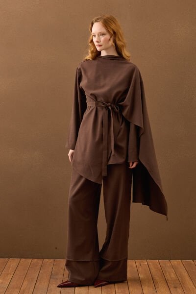 Acı Kahve Poliviskon Bağlamalı Tunik & Double Paça Pantolon Takım