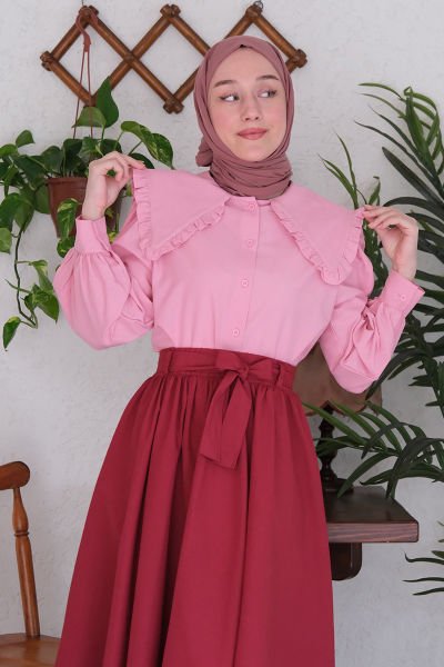 Pembe Yakası Fırfırlı Gömlek