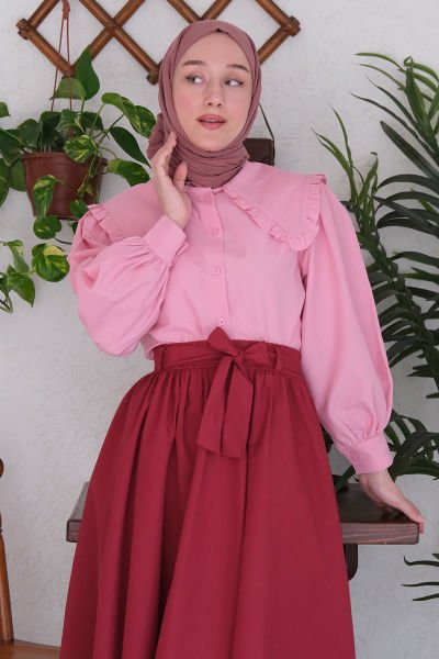 Pembe Yakası Fırfırlı Gömlek