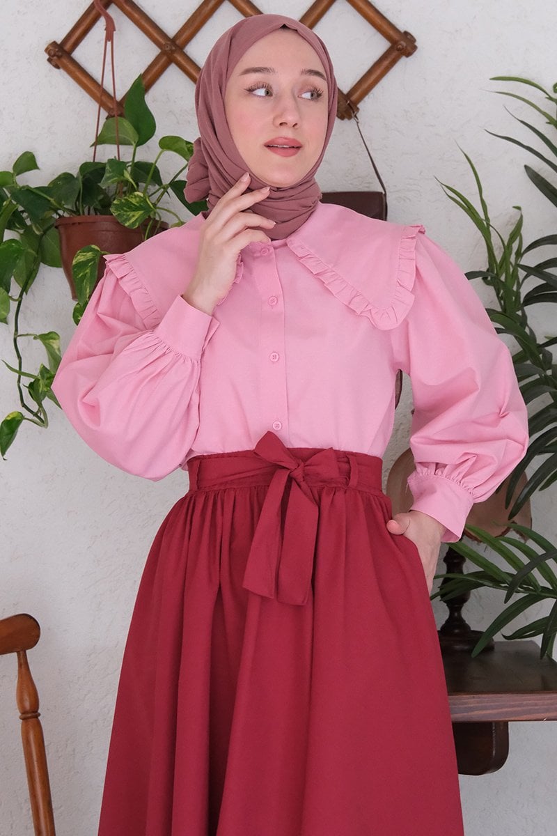 Pembe Yakası Fırfırlı Gömlek