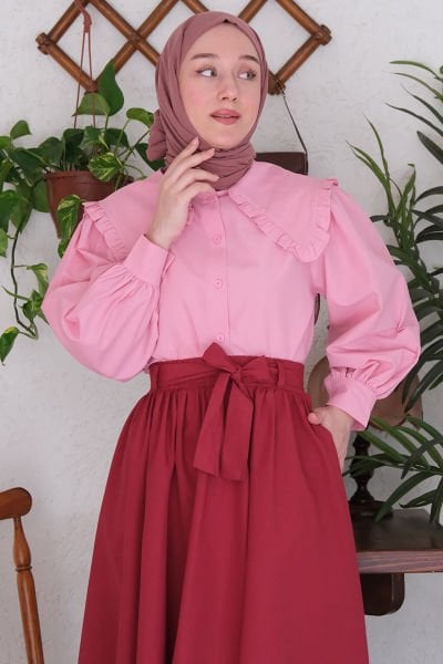 Pembe Yakası Fırfırlı Gömlek