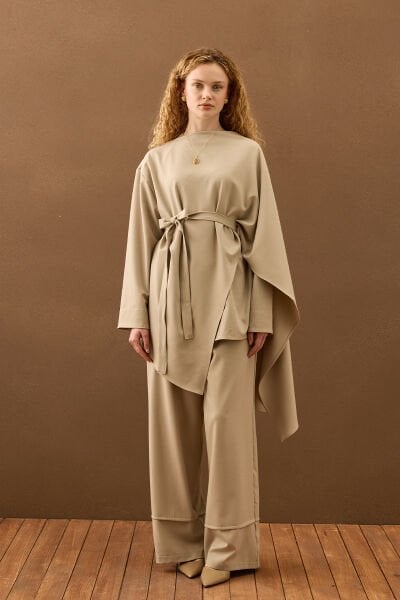 Vizon Poliviskon Bağlamalı Tunik & Double Paça Pantolon Takım