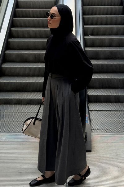 Siyah Süprem Reglan Kol Body & Antrasit Poliviskon Etekli Pantolon