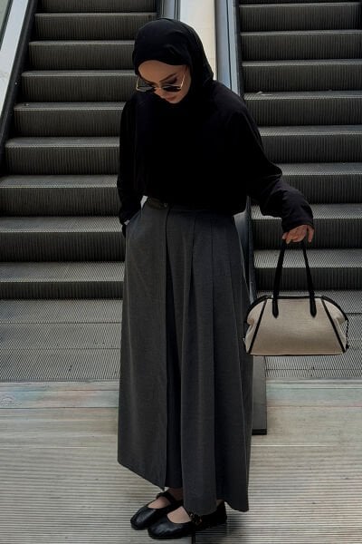 Siyah Süprem Reglan Kol Body & Antrasit Poliviskon Etekli Pantolon