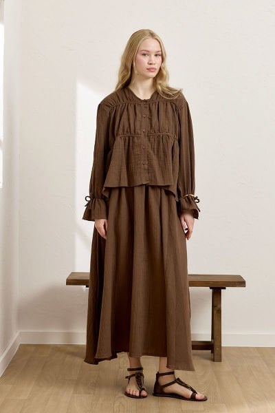 Acı Kahve Müslin Biyeli Bluz & Balon Etek Takım