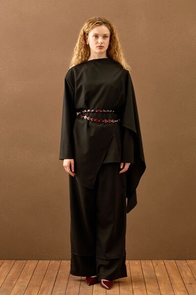Siyah Poliviskon Bağlamalı Tunik & Double Paça Pantolon Takım