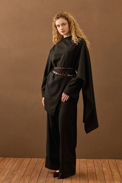 Siyah Poliviskon Bağlamalı Tunik & Double Paça Pantolon Takım