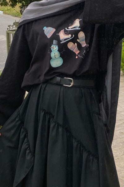 Siyah Winter Baskılı Basic Body