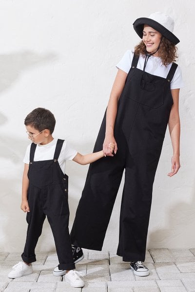 Anne - Çocuk Siyah Duck Keten Salopet Tulum