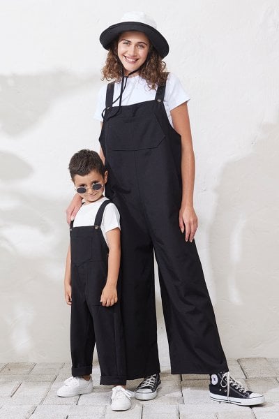Anne - Çocuk Siyah Duck Keten Salopet Tulum